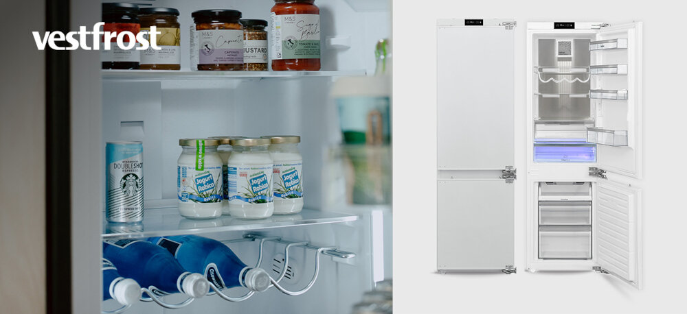 Lodówka VESTFROST VR-BB27633H0DD Zdjęcie przedstawia chłodziarko-zamrażarkę do zabudowy Vestfrost VR-BB27633H0DD z zamkniętymi oraz otwartymi drzwiami. Obok urządzenia umieszczono grafiki z wymiarami A, B, C, pojemnościami 170 l i 63 l oraz poziomem hałasu 36 dB(A)