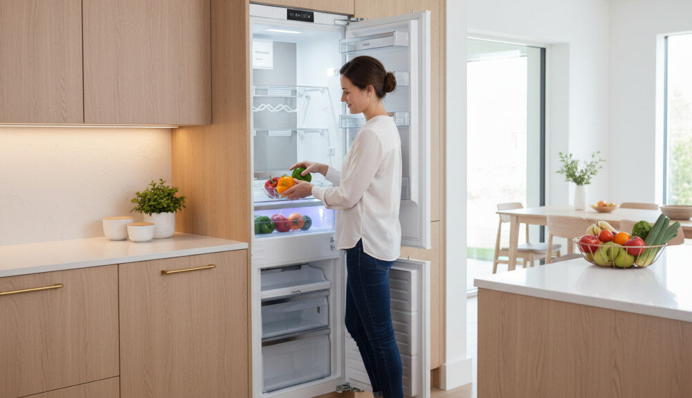 Lodówka VESTFROST VR-BB27633H0DD Na zdjęciu 2.jpg kobieta stojąca w jasnej kuchni wyjmuje kolorowe warzywa z dolnej półki otwartej lodówki do zabudowy. Wokół widać zabudowę meblową z drewnianymi frontami, wyspę kuchenną oraz misę świeżych owoców i warzyw na blacie Dyskretnie zabudowana chłodziarko-zamrażarka, która łączy wygląd z wygodą codziennego użytkowania