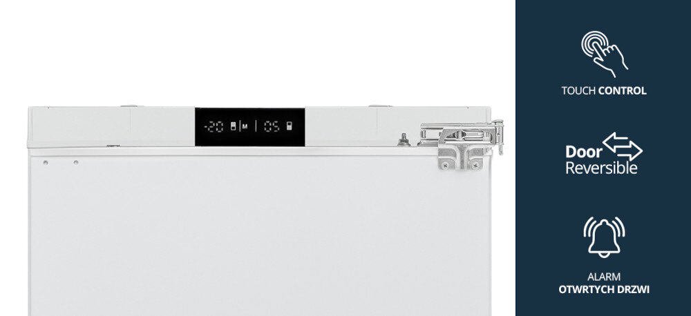 Lodówka VESTFROST VR-BB27633H0DD Zdjęcie prezentuje górną część lodówki z panelem sterowania Touch Control oraz zawiasami nożycowymi drzwi. Po prawej stronie znajdują się ikonki funkcji: dotykowe sterowanie, zmiana kierunku otwierania drzwi i alarm otwartych drzwi Intuicyjny panel dotykowy umożliwia szybkie i łatwe sterowanie ustawieniami
