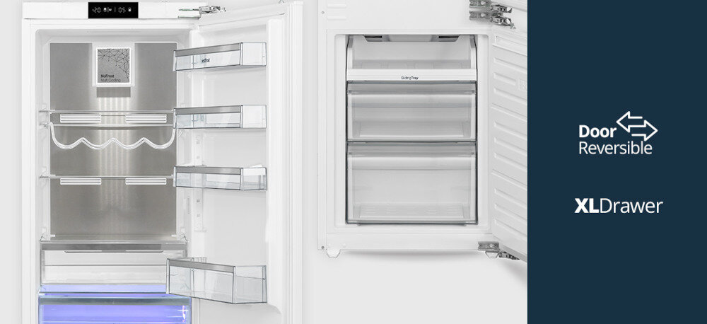 Lodówka VESTFROST VR-BB27633H0DD Zdjęcie pokazuje wnętrze otwartej lodówki z produktami na półkach, jogurtami i butelkami w uchwycie na dole. Po prawej zaprezentowano całe urządzenie z otwartymi drzwiami chłodziarki i zamrażarkiElastyczna organizacja przestrzeni, pojemne szuflady i możliwość zmiany kierunku drzwi