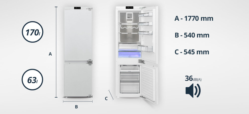 Lodówka VESTFROST VR-BB27633H0DD Na zdjęciu widać lodówkę Vestfrost VR-BB27633H0DD w wersji zamkniętej i otwartej oraz oznaczenia wymiarów A, B, C po prawej stronie. Dodatkowo pokazano wartości wysokości 1770 mm, szerokości 540 mm, głębokości 545 mm i poziom hałasu 36 dB(A) Standardowe wymiary, 233 l pojemności i cicha praca 36 dB – idealna do otwartych kuchni