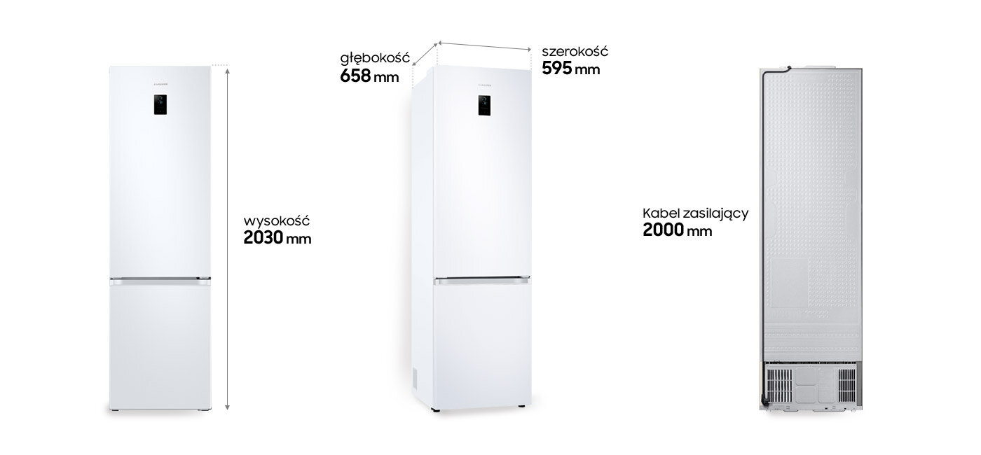 Na zdjęcie lodówki Samsung RB38C672CWW naniesiono wymiary urządzenia Na zdjęcie lodówki Samsung RB38C672CWW naniesiono wymiary urządzenia