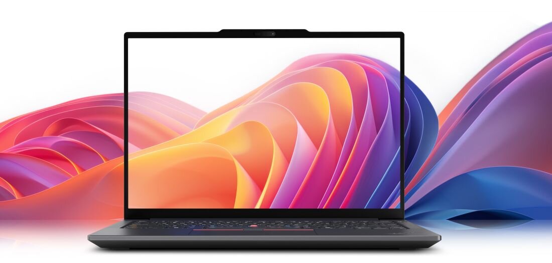 Laptop Lenovo ThinkPad z wyraźnym ekranem wysokiej jakości prezentuje kolorową grafikę na neutralnym tle w biurze - Ekran 14 WUXGA IPS 400 nitów  — 