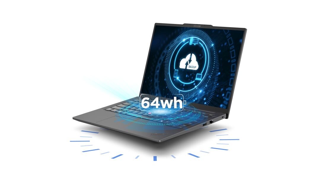 Laptop Lenovo ThinkPad z baterią 64Wh wyświetla grafikę zarządzania energią na jasnym tle w biurze  - Bateria 64 Wh i ładowanie USB-C  