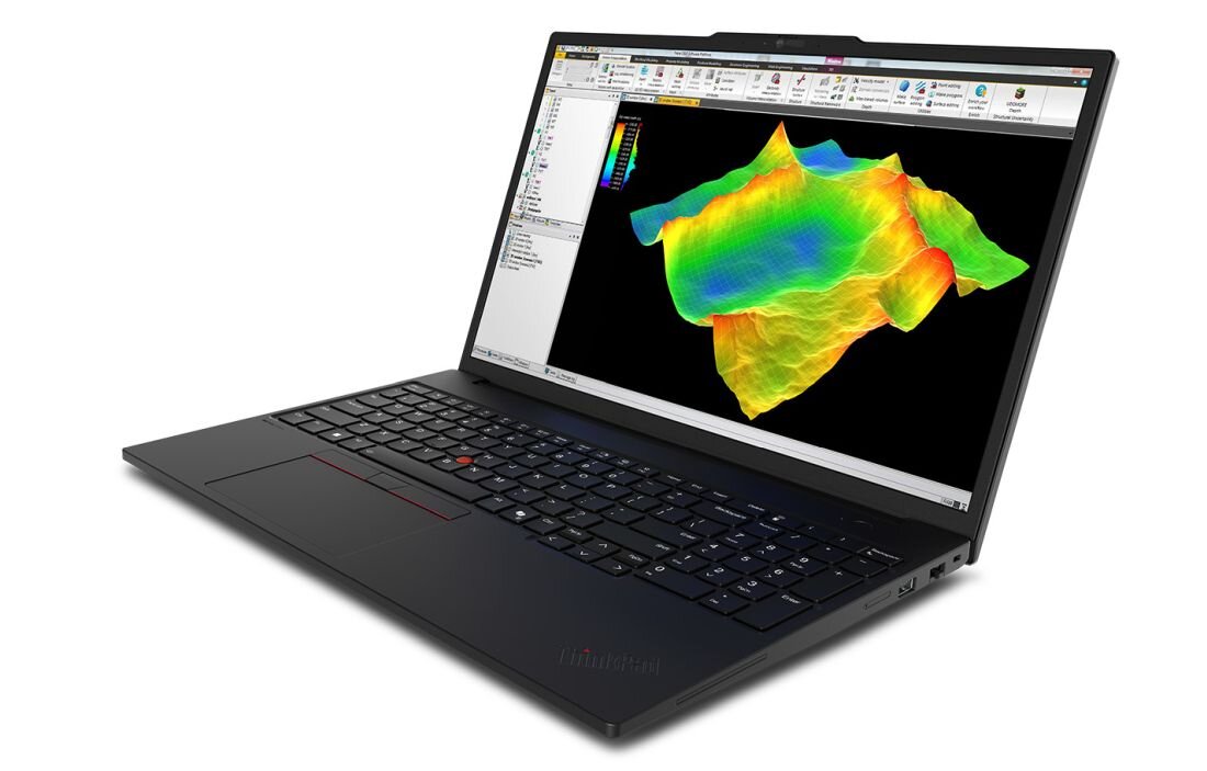 Laptop Lenovo ThinkPad z kolorową wizualizacją topograficzną terenu wyświetloną na ekranie w aplikacji GIS - Certyfikat wojskowy MIL-STD-810H 