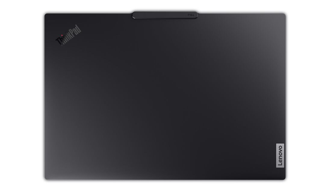 Zamknięty laptop Lenovo ThinkPad z widokiem na czarną metalową obudowę, logo ThinkPad i Lenovo - Materiały z recyklingu  