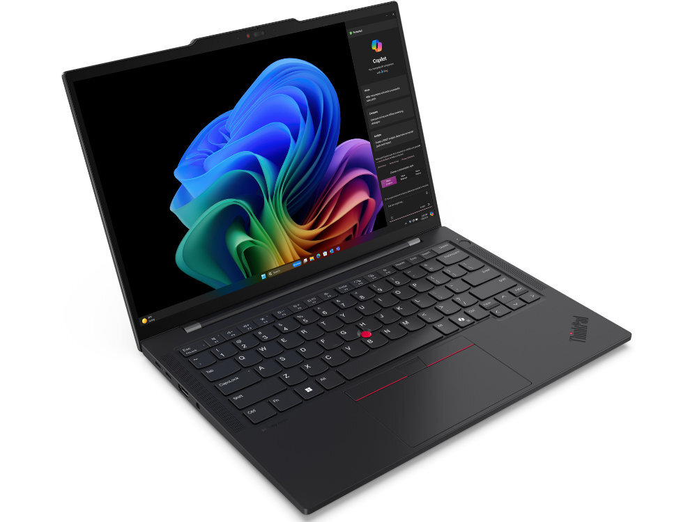 Otwarty laptop Lenovo ThinkPad T14s na białym tle, ekran prezentuje kolorową, abstrakcyjną grafikę i interfejs aplikacji Copilot, widoczna pełnowymiarowa klawiatura z czerwonym trackpointem i duży touchpad, smukła, czarna obudowa. - szybkie działanie i długi czas pracy na baterii Solidna konstrukcja mobilnych użytkownikach