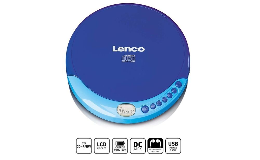 Discman LENCO CD-011BU odtwarzanie CD CD-R CD-RW kompaktowy lekki przenośny, urządzenie od frontu na białym tle, ikony