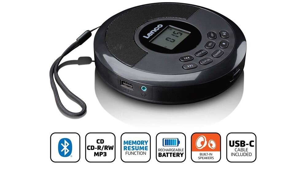 Discman LENCO CD-340BK przenośny odtwarzacz CD MP3 Bluetooth głośniki stereo akumulator 1500 mAh kompaktowy, discman na białym tle, loga
