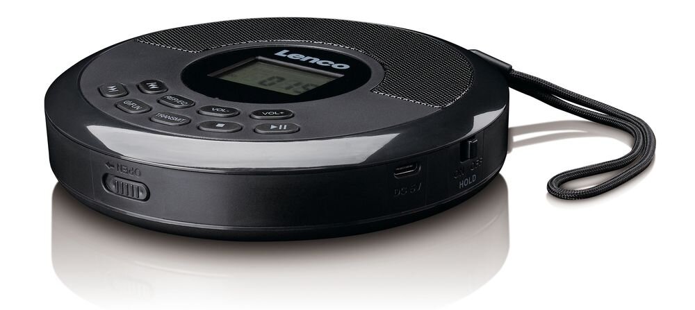 Discman LENCO CD-340BK ochrona przed wstrząsami 40s CD 90s MP3 akumulator 1500 mAh USB-C podróż, discman na białym tle
