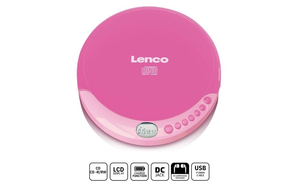 Discman LENCO CD-011PK odtwarzanie CD CD-R CD-RW kompaktowy lekki przenośny, urządzenie od frontu na białym tle, ikony