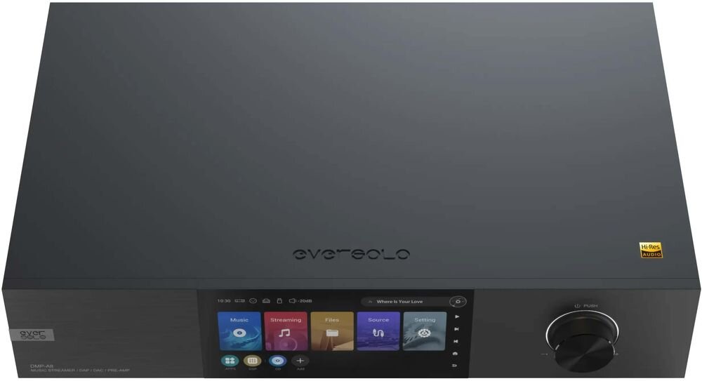EVERSOLO DMP-A8 EOS bit perfect Android SRC bypass HiFi streamer DAC precyzyjne audio, urządzenie od góry na białym tle