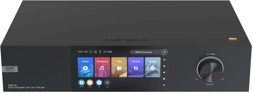EVERSOLO DMP-A8 FLAC WAV DSD512 hi-res audio streamer DAC formaty wysokiej rozdzielczości, urządzenie od frontu na białym tle