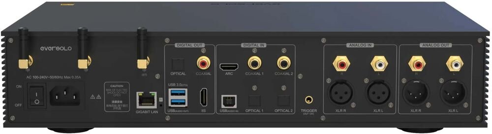 EVERSOLO DMP-A8 złącza I2S USB XLR RCA Bluetooth 5.0 HiFi streamer DAC łączność audio, urządzenie od tyłu na białym tle