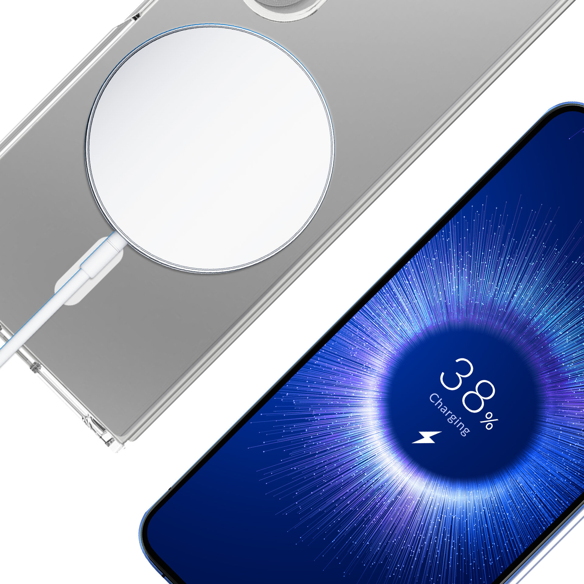 Obraz przedstawia telefon z wyświetlaczem pokazującym 38% naładowania oraz ładowarkę magnetyczną przymocowaną do przezroczystego etui. Na ekranie telefonu widoczny jest niebieski wzór przypominający promienie świetlne.