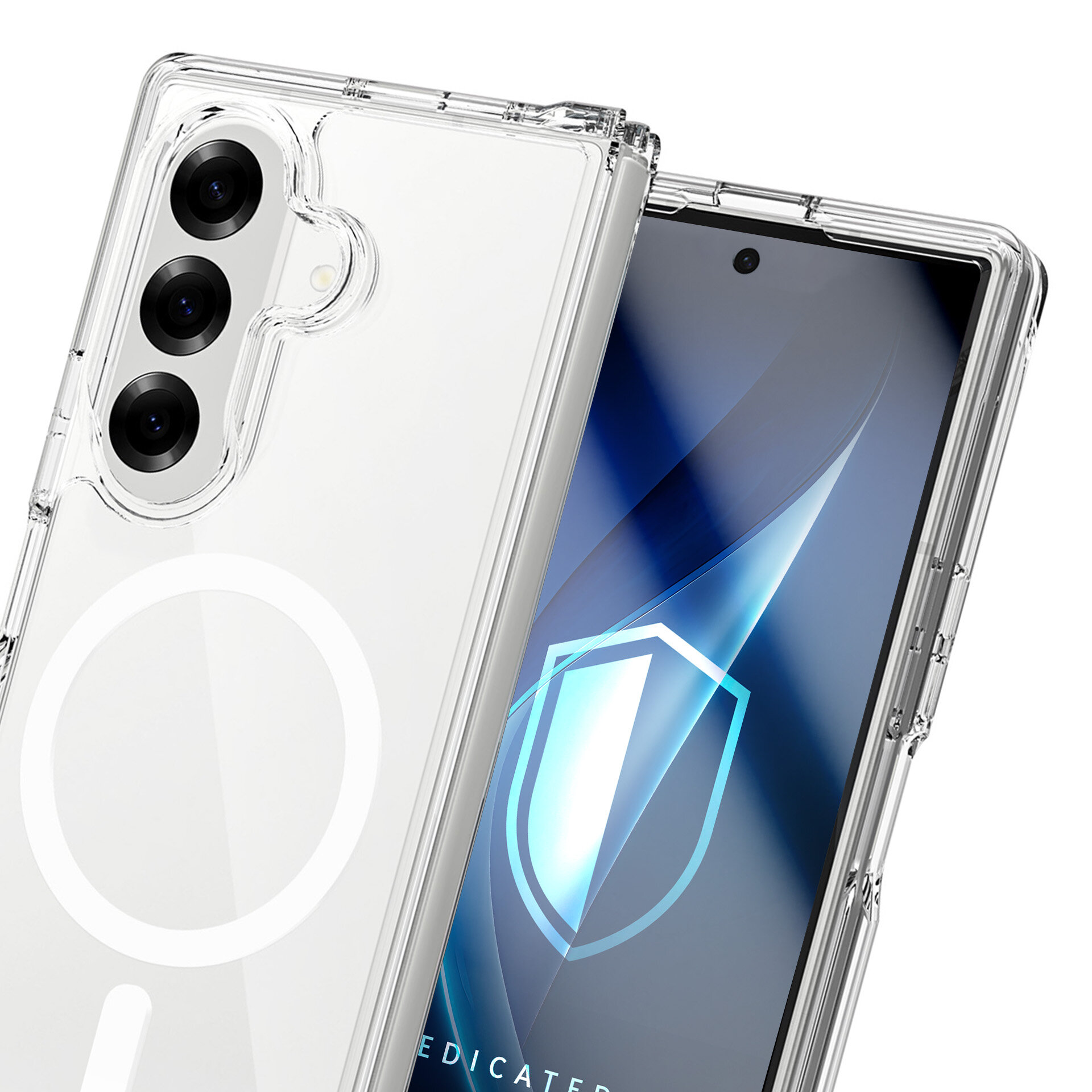 Obraz przedstawia przezroczyste etui na telefon z trzema widocznymi obiektywami aparatu. Na ekranie telefonu widoczny jest niebieski wzór przypominający tarczę.