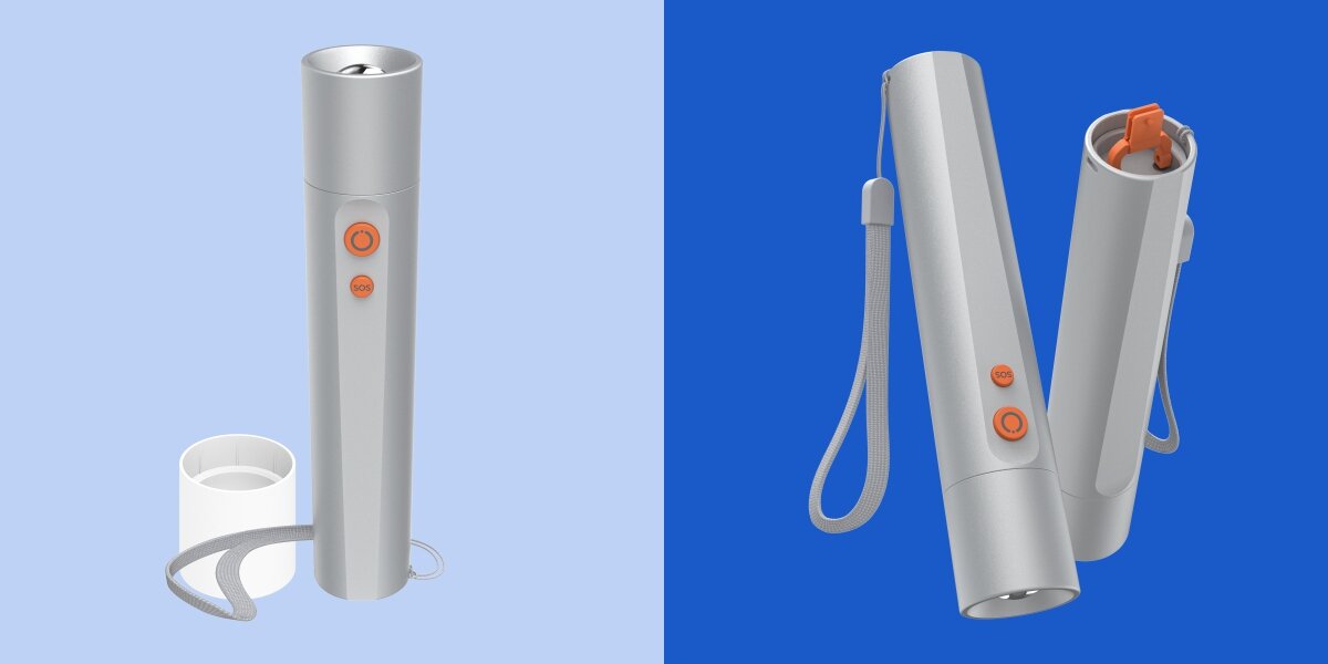 Latarka HAMA FL300-C Srebrny, oświetlenie, solidność, dom, podróż, Latarka z przyciskami i nasadką na niebieskim tle