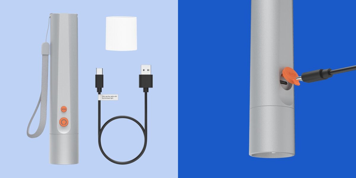 Latarka HAMA FL300-C Srebrny, akumulator, USB-C, trwałość, stabilność, Zestaw latarki z kablem USB i nasadką