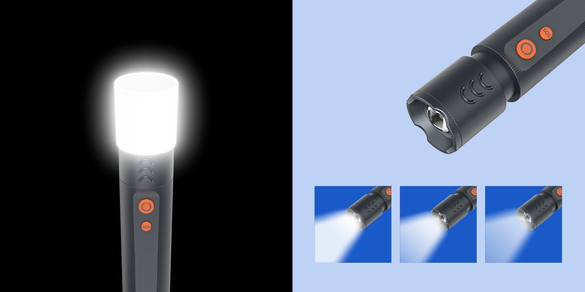 Latarka HAMA FLX1200-C Grafitowy, tryby, ogniskowanie, dyfuzor, regulacja, Latarka z nasadką świeci jak lampka nocna