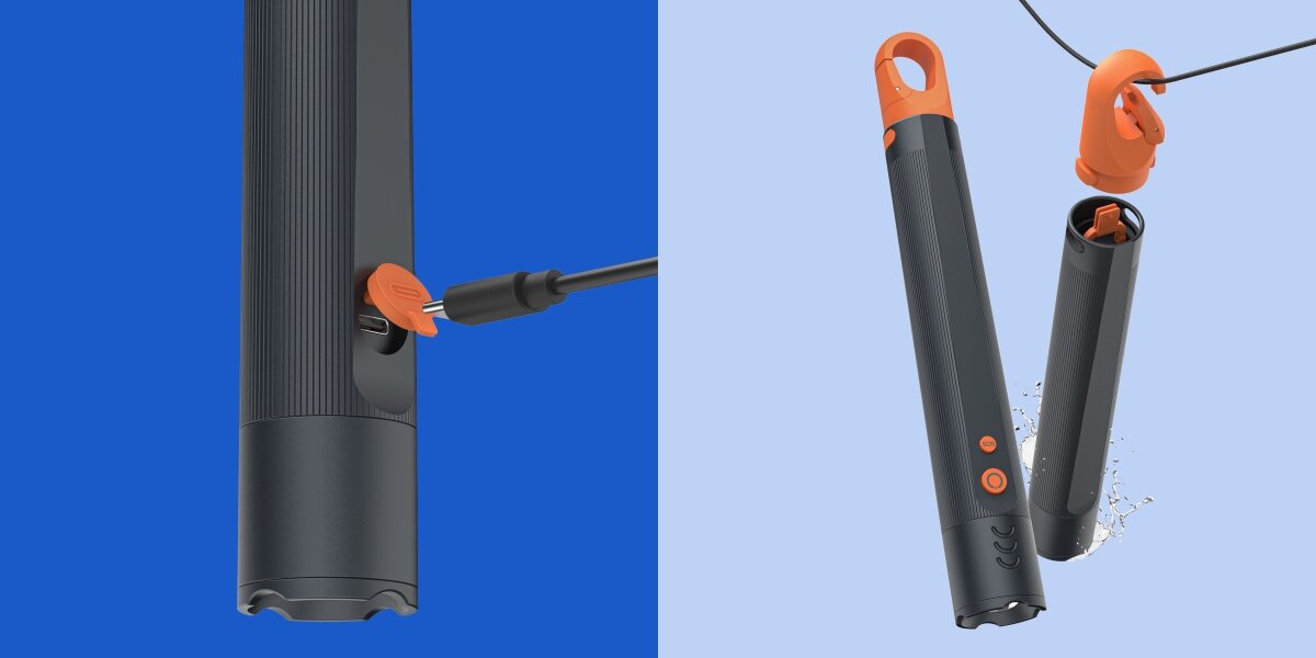 Latarka HAMA FLX1200-C Grafitowy, USB-C, akumulator, uchwyt, haczyk, Zbliżenie portu ładowania latarki USB