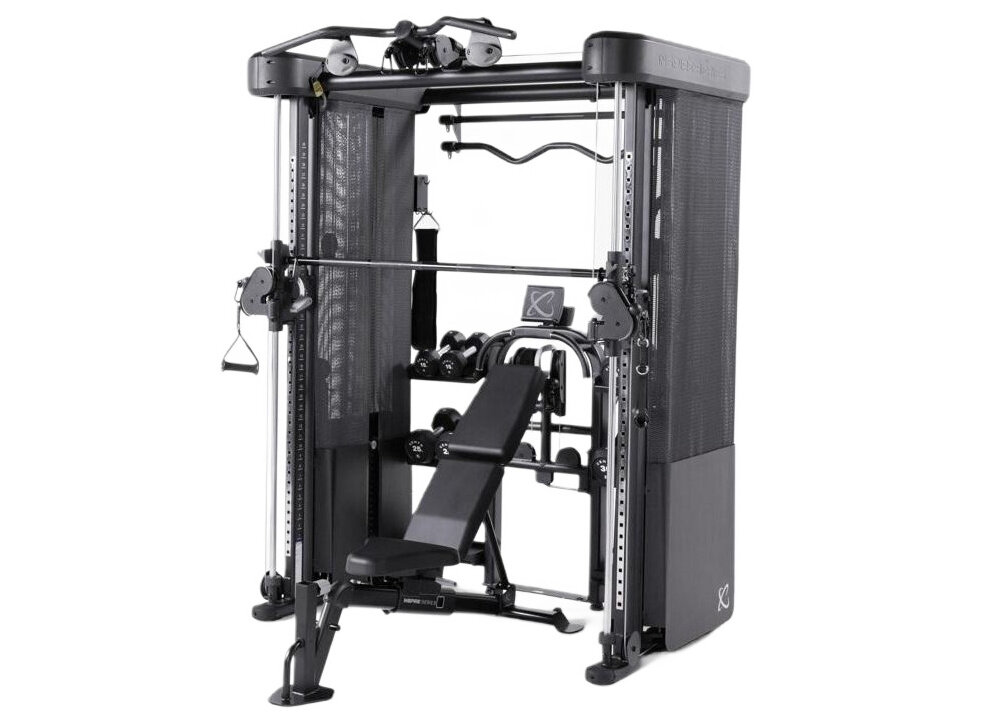 Brama do ćwiczeń INSPIRE FITNESS FT2 PRO + Ławka FID7.1 brama na białym tle widoczna pod skosem rama z okrągłych i prostokątnych profili stalowych trwałość i stabilność matowe czarne wykończenie z chromowanymi elementami bezpieczeństwo ćwiczeń wymiary 163 x 133 x 211,2–226,7 cm