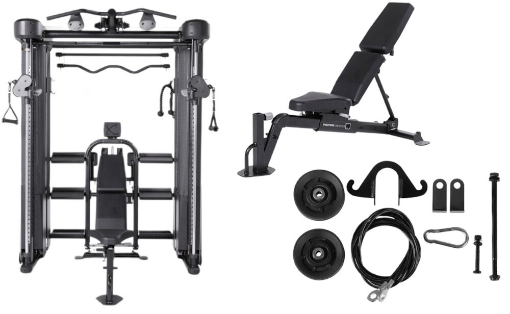 Brama do ćwiczeń INSPIRE FITNESS FT2 PRO + Ławka FID7.1 zestaw na białym tle w zestawie brama ławka akcesoria butelka dokumentacja