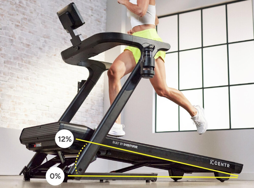 Bieżnia elektryczna CENTR RunR-S 2238W 16km-h pomieszczenie bieżnia na środku pomieszczenia osoba biegnie na bieżni w tle okno ściana z cegły białe strzałki pokazujące kąt nachylenia ustawiany elektronicznie poziom kąt nachylenia od 0 do 12% można symulować trening w warunkach wzniesień zwiększa zaangażowanie mięśni efektywniejsze spalania kalorii trening staje się ciekawszy i bardziej zróżnicowany