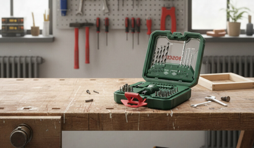 Zestaw wierteł i bitów BOSCH Mixed Set S 2608522566 (43 szt.) warsztat walizka leży na stole warsztatowym w tle ściana z narzędziami praktyczny zestaw wszechstronne zastosowanie precyzja trwałość