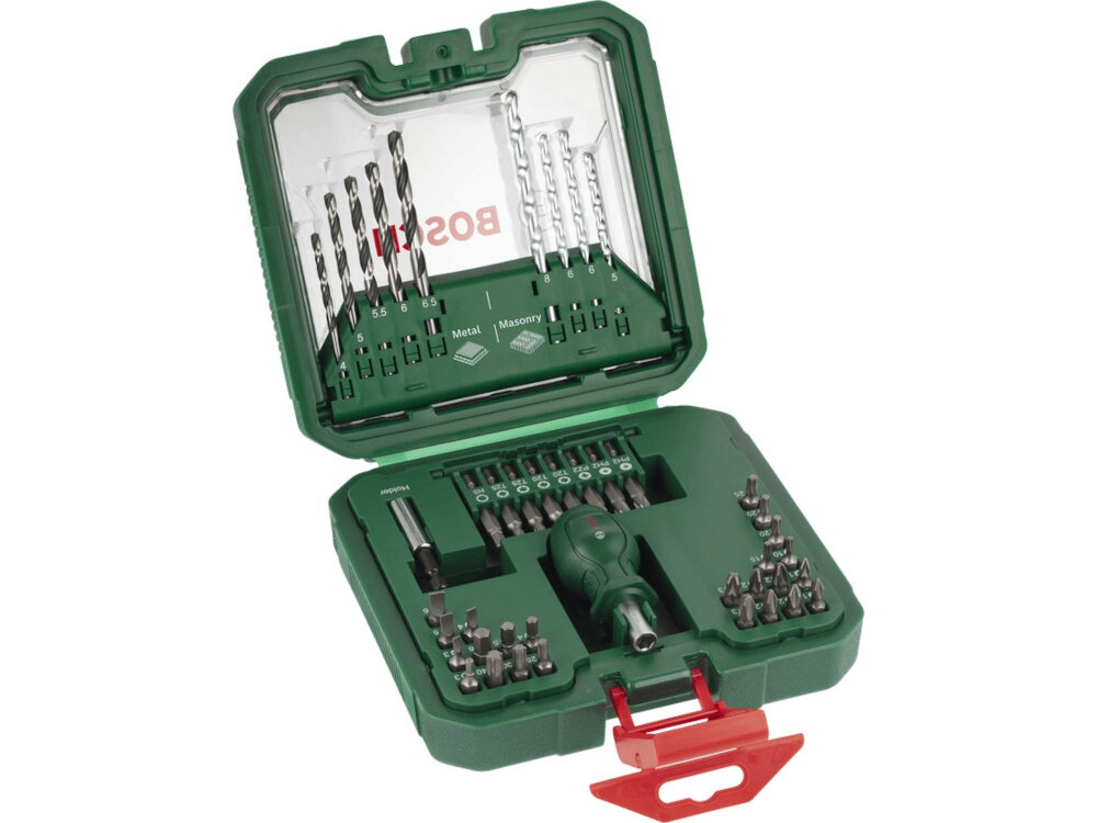 Zestaw wierteł i bitów BOSCH Mixed Set S 2608522566 (43 szt.) otwarta walizka na białym tle 43 elementy do wiercenia i wkręcania w metalu oraz betonie różnorodne prace domowe i warsztatowe walizka z tworzywa sztucznego wygodne przechowywanie