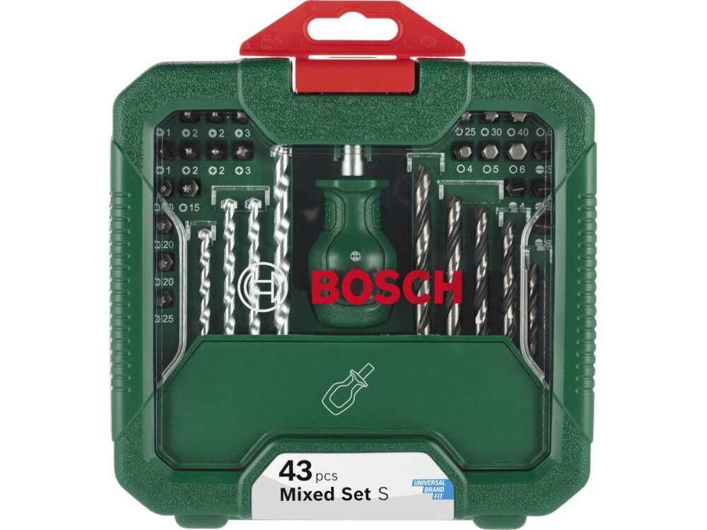Zestaw wierteł i bitów BOSCH Mixed Set S 2608522566 (43 szt.) zestaw na białym tle zamknięta walizka wiertła i bity wykonano z materiałów odpornych na ścieranie i wysokie obciążenia stabilne i dokładne wiercenie w różnych powierzchniach zmniejsza ryzyko uszkodzeń materiału i narzędzi,