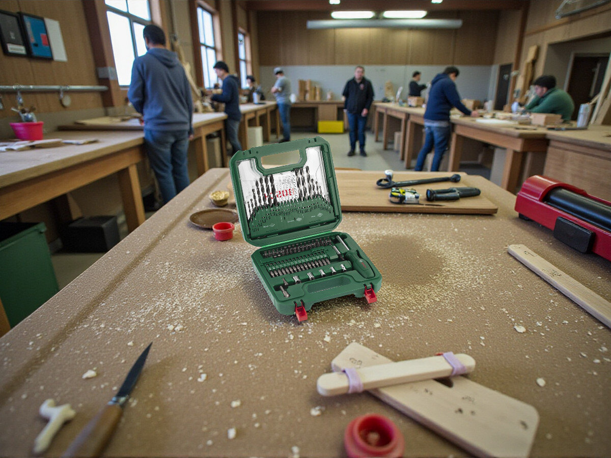 Zestaw wierteł i bitów BOSCH Mac Gyver Mixed Set M (80 szt.), majsterkowicza, zestaw, praca, warsztat, zestaw stoi na stole stolarskim, w tle warsztat stolarski