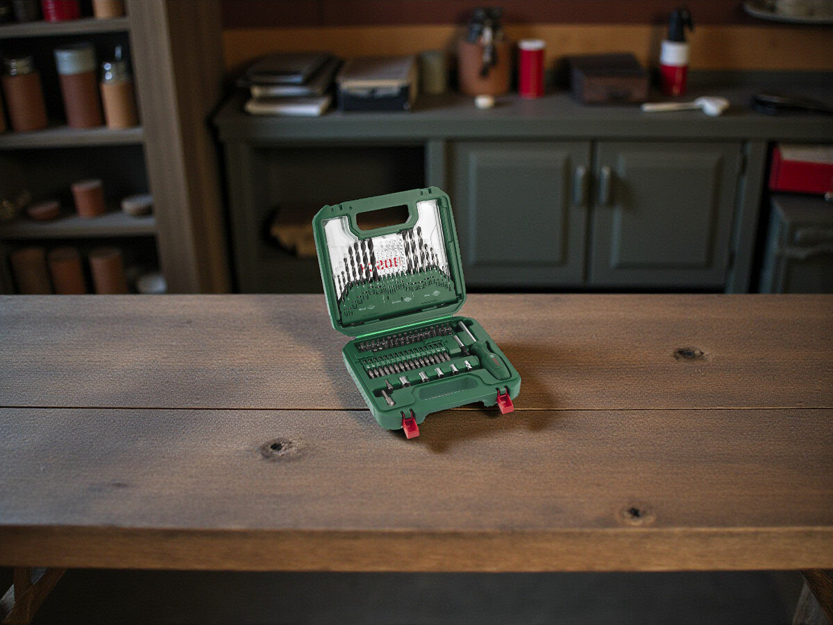 Zestaw wierteł i bitów BOSCH Mac Gyver Mixed Set M (80 szt.), Wiertła bity, wiercenie, wkręcanie, walizka, zestaw otwarty, stoi na stole roboczym w warsztacie