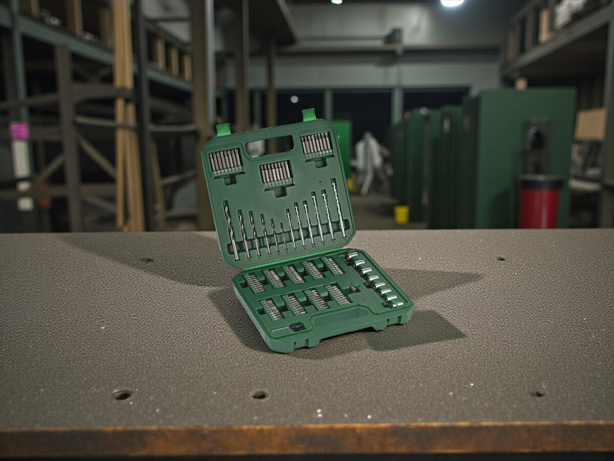 Zestaw wierteł i bitów BOSCH Mac Gyver Mixed Set L (136 szt.), zestaw, profesjonalistów, praca, warsztat, zestaw stoi na blacie w warsztacie frontem