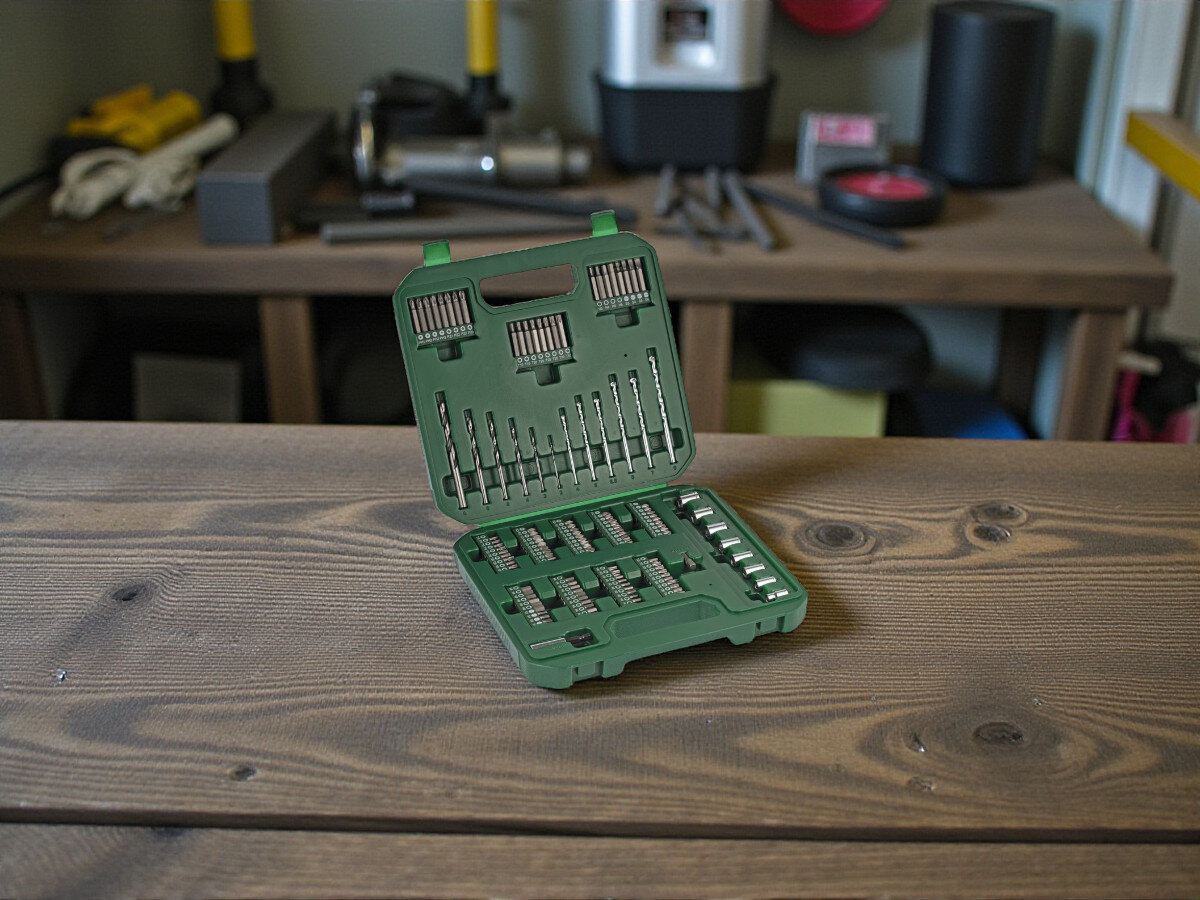 Zestaw wierteł i bitów BOSCH Mac Gyver Mixed Set L (136 szt.), bity wiertła, precyzja montażu, walizka porządek, adaptery, zestaw otwarty stoi na blacie stołu warsztatowego