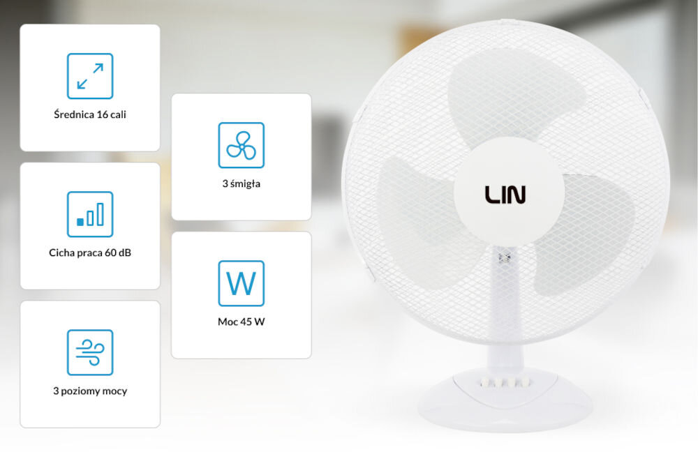 Wentylator LIN LI16FT2512WH Biały Wydajne i ciche działanie moc średnica Trzy śmigła w osłonie regulacja trzech poziomów mocy dostosowanie preferencje Poziom hałasu do 60 dB