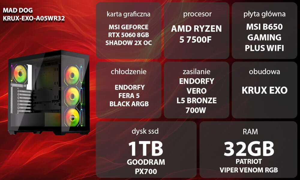 Komputer MAD DOG KRUX-EXO-A05WR32 R5-7500F 32GB RAM 1TB SSD GeForce RTX5060 DLSS 4 Wi-Fi Grafika przedstawiająca specyfikację komputera. Po lewej stronie widoczny komputer, opis