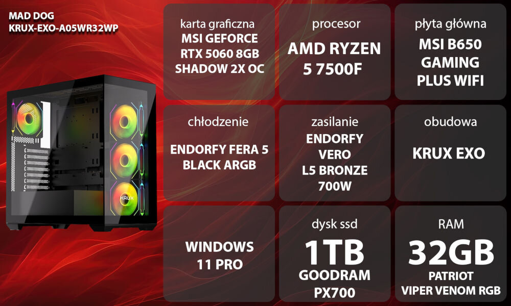 Komputer MAD DOG KRUX-EXO-A05WR32WP R5-7500F 32GB RAM 1TB SSD GeForce RTX5060 DLSS 4 Wi-Fi Windows 11 Professional Grafika przedstawiająca specyfikację komputera. Po lewej stronie widoczny komputer, opis