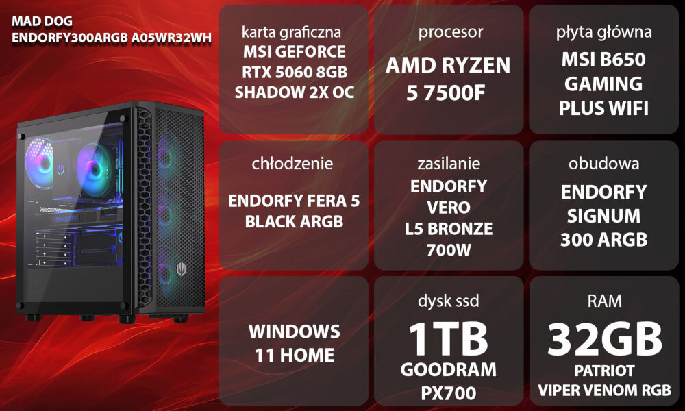 Komputer MAD DOG ENDORFY300ARGB A05WR32WH R5-7500F 32GB RAM 1TB SSD GeForce RTX5060 DLSS 4 Wi-Fi Windows 11 Home Grafika przedstawiająca specyfikację komputera. Po lewej stronie widoczny komputer, opis