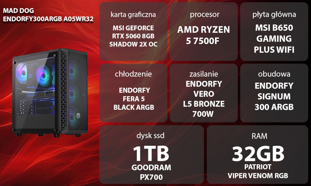 Komputer MAD DOG ENDORFY300ARGB A05WR32 R5-7500F 32GB RAM 1TB SSD GeForce RTX5060 DLSS 4 Wi-Fi Grafika przedstawiająca specyfikację komputera. Po lewej stronie widoczny komputer, opis