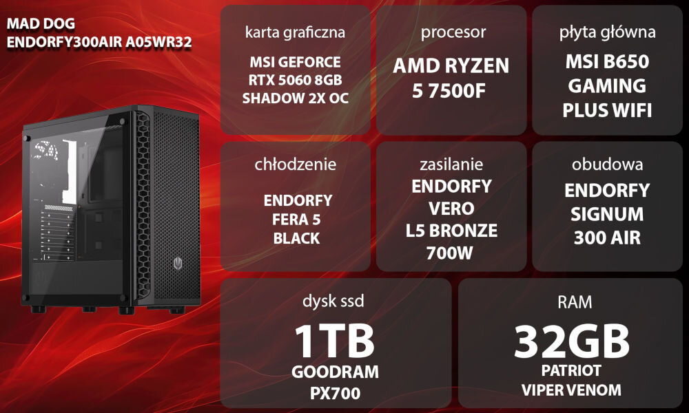 Komputer MAD DOG ENDORFY300AIR A05WR32 R5-7500F 32GB RAM 1TB SSD GeForce RTX5060 DLSS 4 Wi-Fi Grafika przedstawiająca specyfikację komputera. Po lewej stronie widoczny komputer, opis