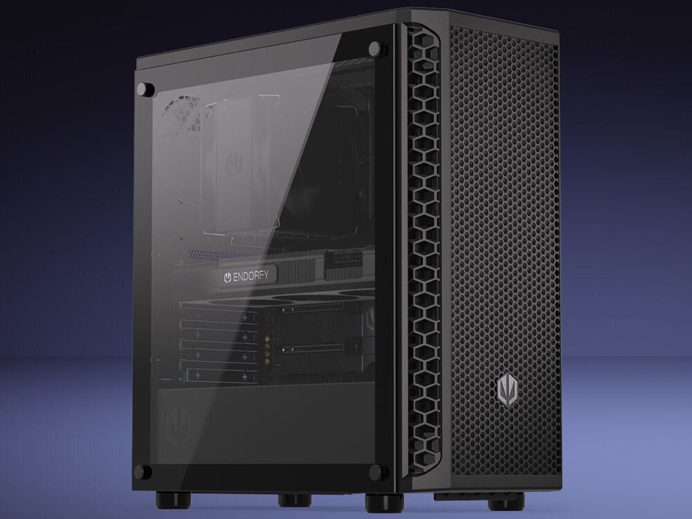 Komputer MAD DOG ENDORFY300AIR A05WR32 R5-7500F 32GB RAM 1TB SSD GeForce RTX5060 DLSS 4 Wi-Fi Grafika z komputerem stojącym, ciemne tło z domieszką fioletu, przeznaczenie, cechy, zalety, testy wydajności, stabilności, bezpieczeństwa, jakości