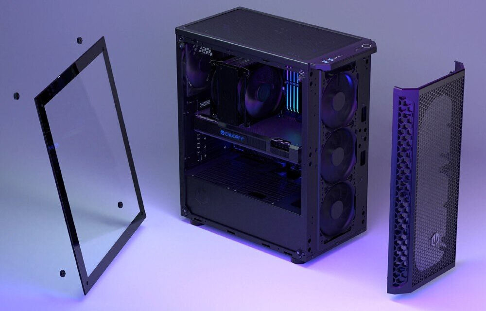 Komputer MAD DOG ENDORFY300AIR A05WR32 R5-7500F 32GB RAM 1TB SSD GeForce RTX5060 DLSS 4 Wi-Fi Obudowa komputera z widocznym wnętrzem i zdjętymi panelami bocznym oraz frontowym, obudowa, wygląd, wentylacja, wentylatory, porty