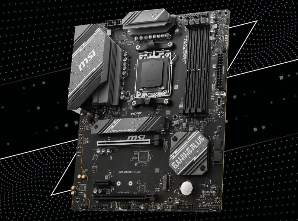 Komputer MAD DOG ENDORFY300AIR A05WR32 R5-7500F 32GB RAM 1TB SSD GeForce RTX5060 DLSS 4 Wi-Fi Płyta główna z czarno-srebrnym designem na tle siatki cyfrowych linii, płyta główna, kompatybilność, podkręcenie, łączność Wi-Fi 6E, Bluetooth