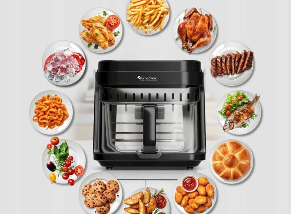Air Fryer Frytkownica beztłuszczowa TURBOTRONIC TT-AFG5 urządzenie wraz z róznymi daniami, pojemny kosz, wygodne rozwiązanie
