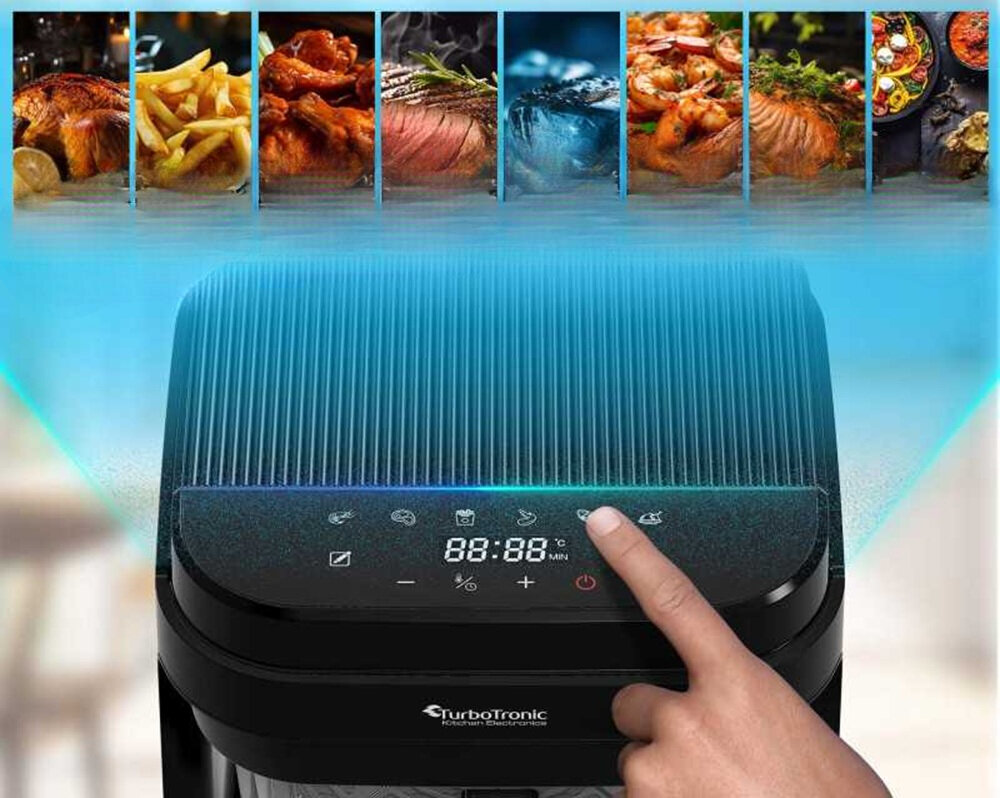 Air Fryer Frytkownica beztłuszczowa TURBOTRONIC TT-AFG5 urządzenie w użyciu, szybkie gotowanie, dopasowane programy