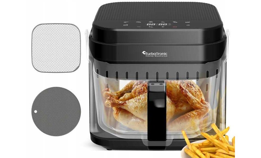 Air Fryer Frytkownica beztłuszczowa TURBOTRONIC TT-AFG5 urządzenie od przodu z kratką i frytki na białym tle