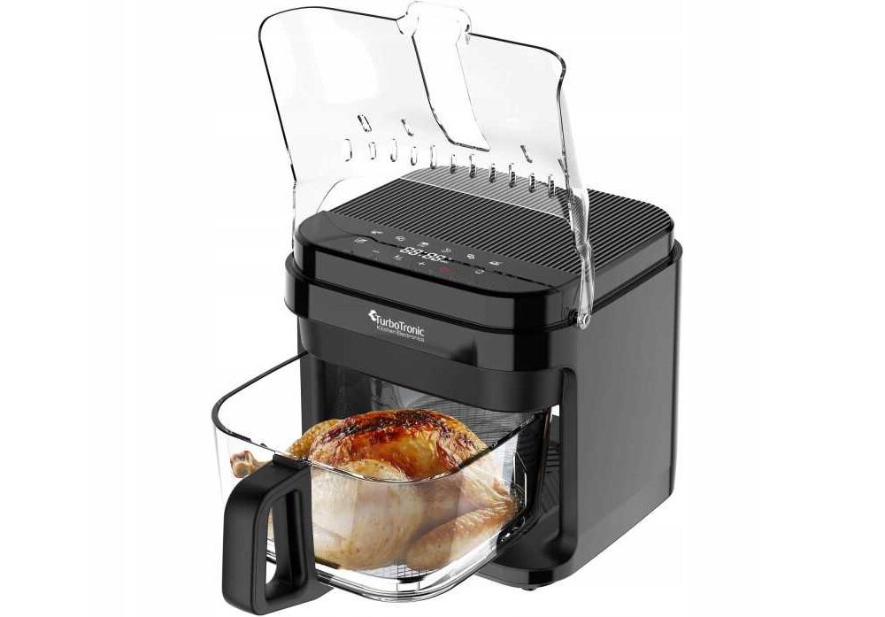 Air Fryer Frytkownica beztłuszczowa TURBOTRONIC TT-AFG5 urządzenie od boku z otrwartą pokrywą na białym tle, nienagrzewający się uchwyt