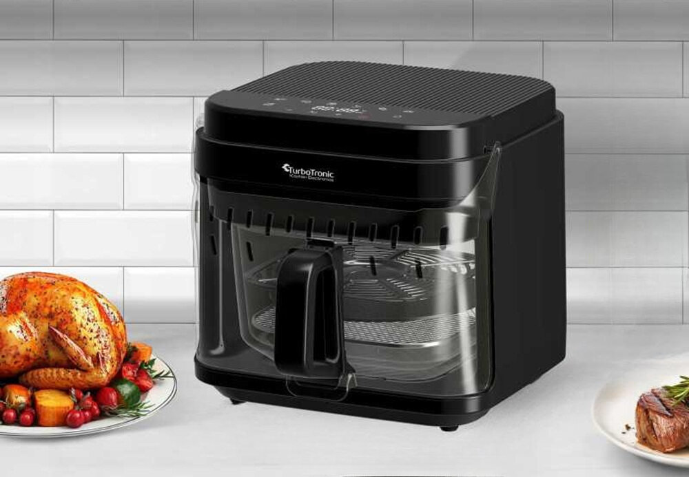 Air Fryer Frytkownica beztłuszczowa TURBOTRONIC TT-AFG5 urządzenie na blacie w kuchni, po bokach potrawy, szeroki zakres teperatur, wbudowany timer