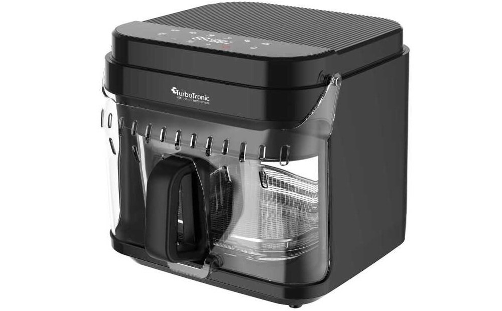 Air Fryer Frytkownica beztłuszczowa TURBOTRONIC TT-AFG5 urządzenie bokiem w całości na białym tle, kratka ochronna, zabezpieczenie grzałki i wentylatora