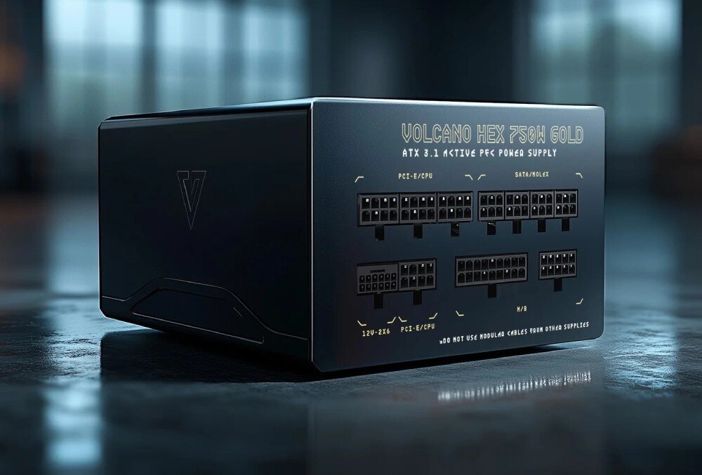 Komputer MAD DOG APEX-7F-A02WR32WH Widok z przodu na czarny zasilacz z oznaczeniami złączy modularnych i napisem 'Volcano Hex 750W Gold ATX 3.1 Active PFC Power Supply', z wyraźnie opisanymi portami PCI-E/CPU, SATA/Molex oraz M/B, zasilacz, moc, sprawność